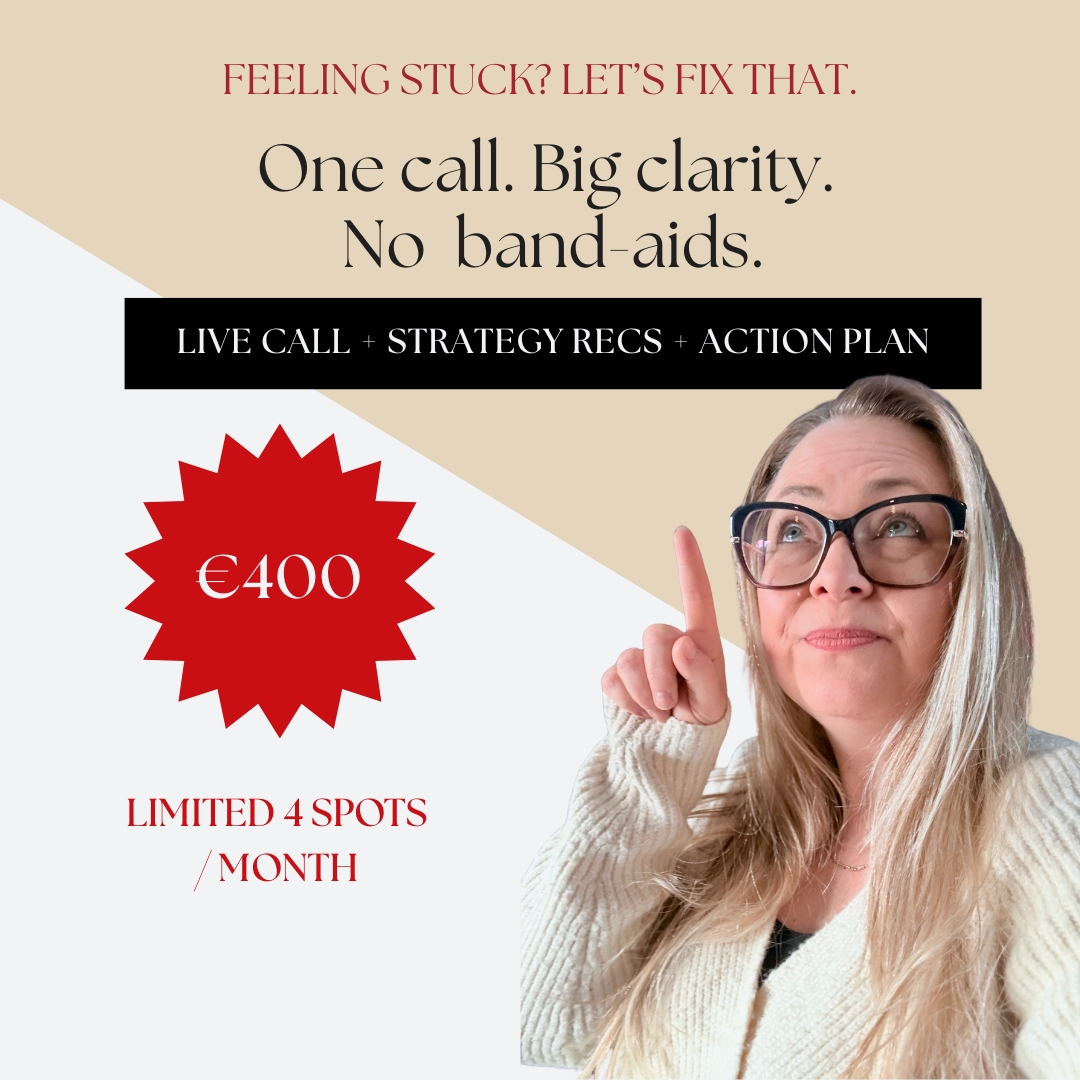 Gina Dunn, brand strategist, pointing upward beside a €400 clarity call offer — live call, strategy recs, and action plan
