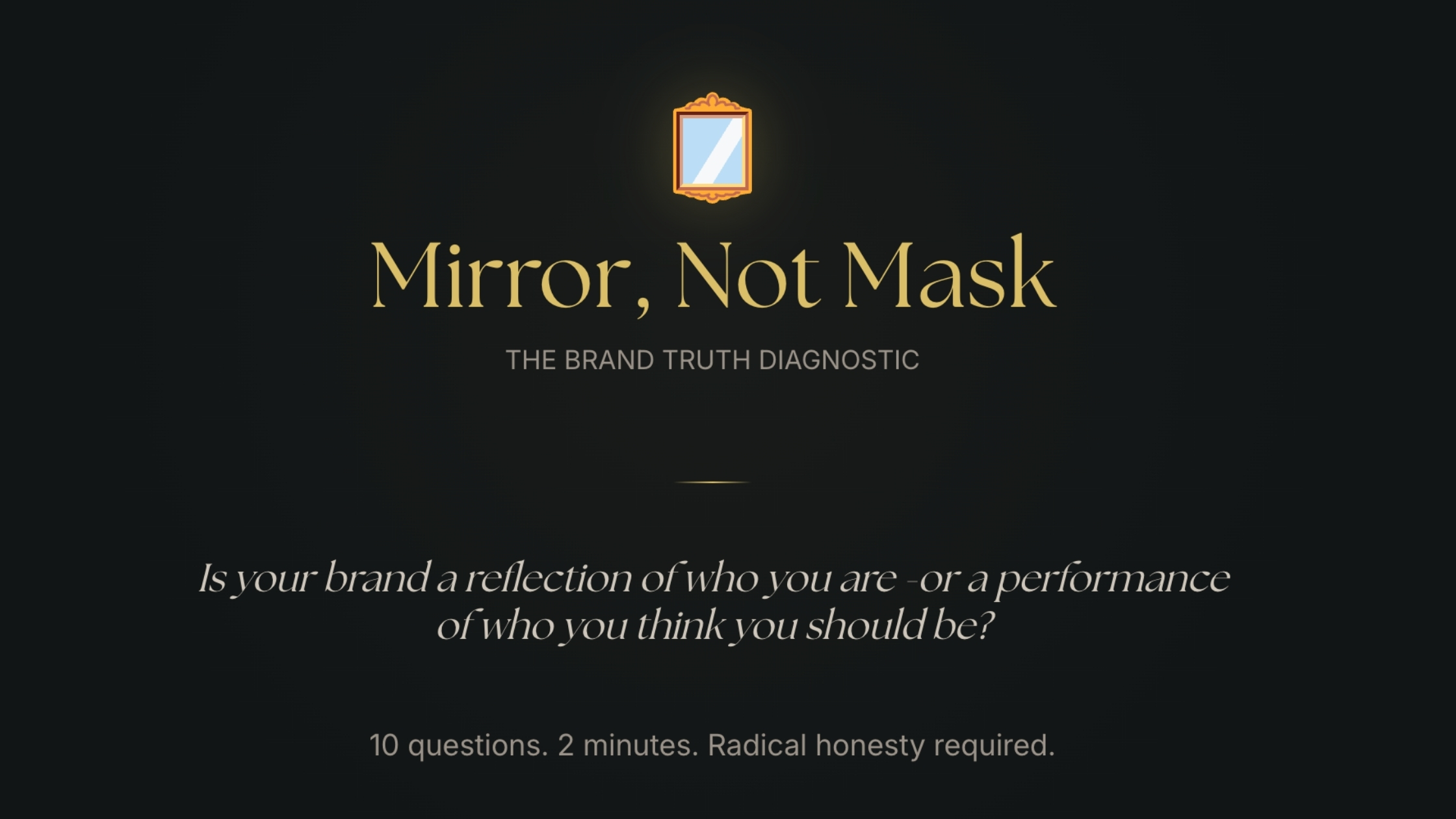 Dark title card for Mirror Not Mask: The Brand Truth Diagnostic by Gina Dunn, with mirror icon and tagline about brand
