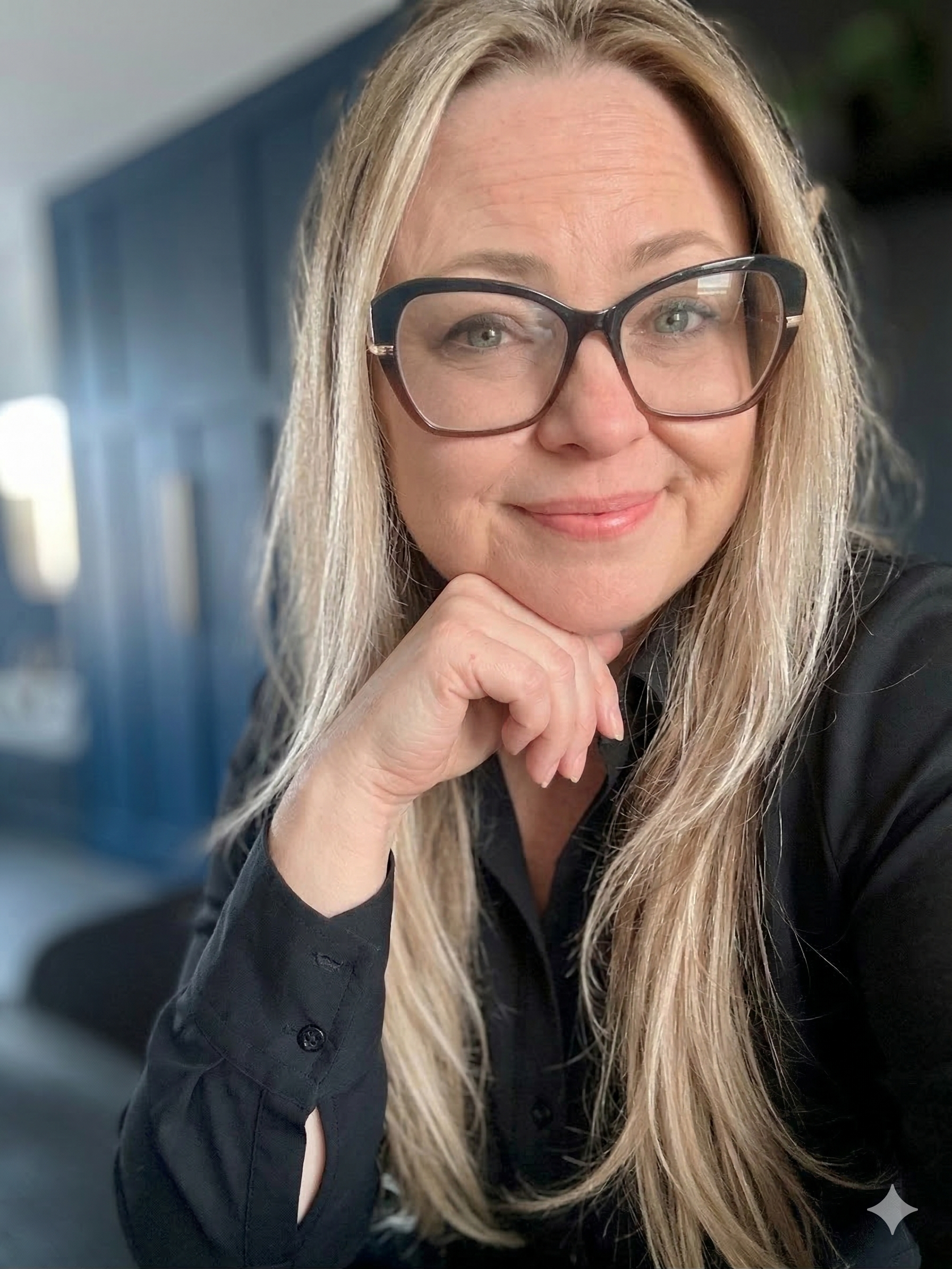 Gina Dunn, brand strategist and founder of OG Solutions in Almere, Netherlands, smiling with chin resting on hand